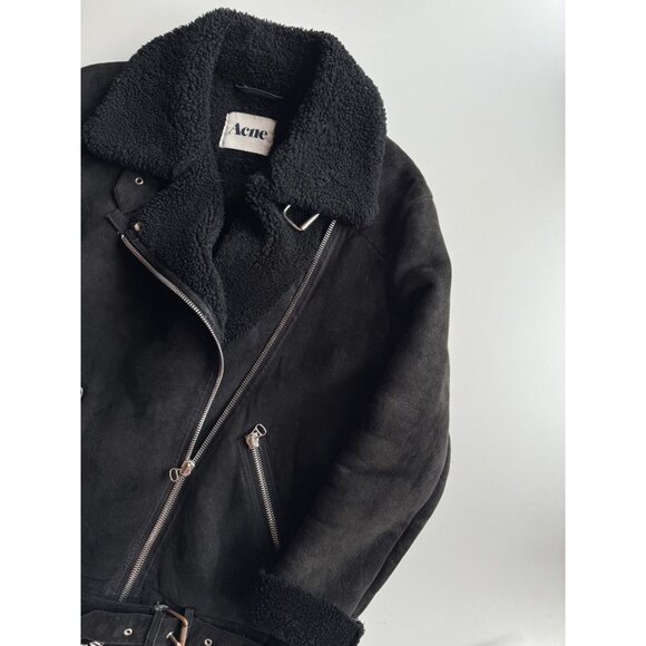 ACNE STUDIOS Velocite Black Leather Shearling Motorcycle Moto Jacket, Size 34/XS - Picture 6 of 16